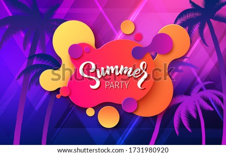 Summer sale vector geometric background with text bubble and palm trees in trendy neon colors.