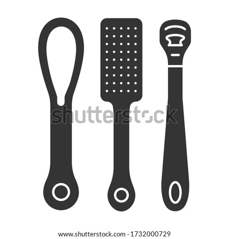 Pedicure instruments black glyph icon. Tools: foot file, scrubber, shaver hard skin remover. Feet care. Nail service. Beauty industry. Pictogram for web page. UI UX GUI design element.