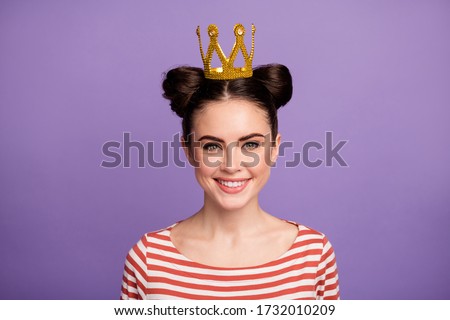 Closeup photo of pretty teenager lady students prom queen good mood famous person wear golden tiara white red casual striped shirt isolated pastel purple color background