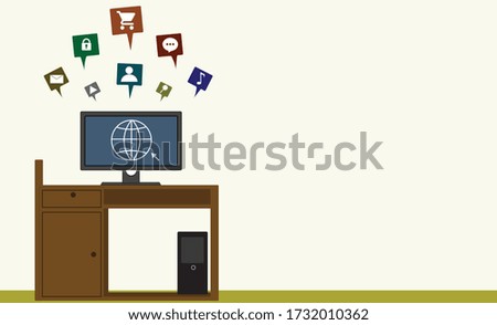 A computer table, monitor and internet sign with internet's uses in icons