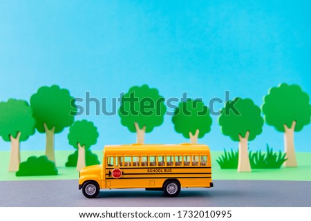 Art design picture of school bus taking kids from home to primary school fast speed highway isolated over bright vivid shine vibrant blue color background