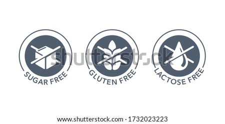 Sugar free, Gluten free, Lactose free stamps set - vector packaging marking tags - food cover decoration elements for healthy nutrition products 
