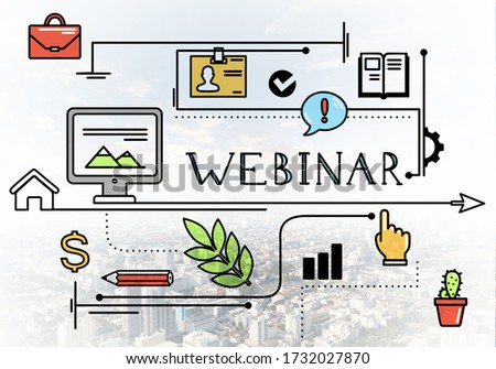 Internet webinar linear sketch on background of modern cityscape. E-learning and business training concept. Mind map webcast of educational content. Commercial marketing and business presentation. Royalty-Free Stock Photo #1732027870