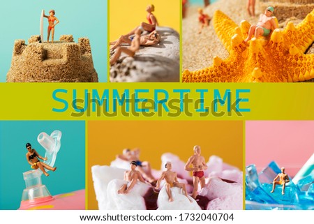 a collage of different pictures of miniature people wearing swimsuit relaxing on the sand, on a starfish, on top of an ice cream or on top of an ice cube