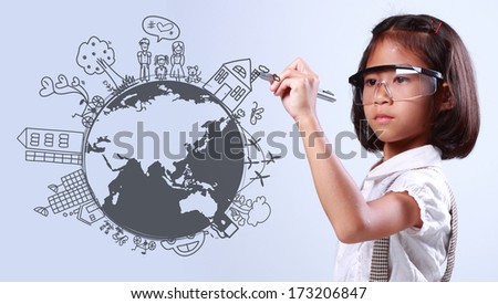 Little girl creative drawing on global environment with ecology happy family stories concept idea 