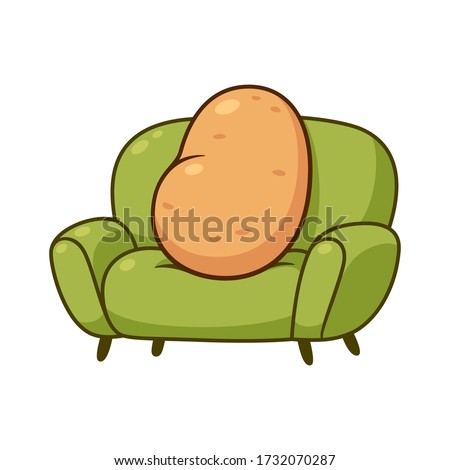 Couch potato, funny metaphor. Cartoon lazy potato sitting on sofa, vector clip art illustration. Royalty-Free Stock Photo #1732070287
