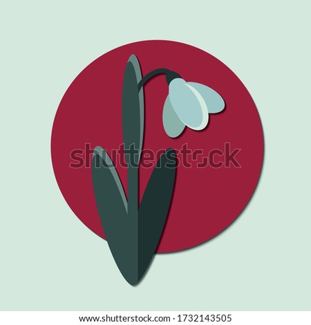 Minimalistic image of a snowdrop on a background of a red circle. Logo or pattern element. Illustration of a flower made from simple shapes. Sticker or fragment of a greeting card. EPS 10
