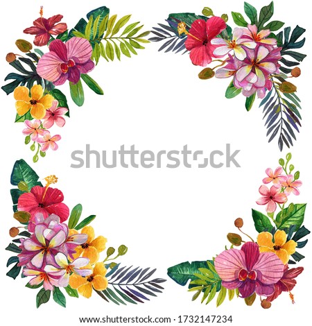 Watercolor Tropical flowers border frame Clip Art,Tropic Palm Leaf,Plumeria,pink orchid,Hawaii bouquets,wedding stationary, bridal greetings,invitation template,postcards.Isolated on white backgrounds