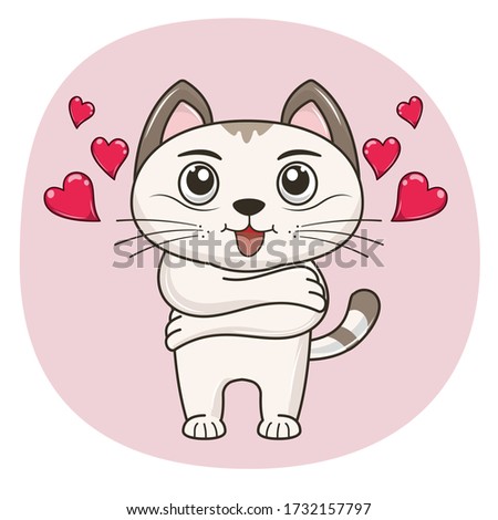 Cute cartoon cat hugging. Graphic element for kids, greeting card, cover, sticker, poster and t-shirt. Vector illustration.