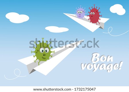 Vector illustration of cute Coronavirus cartoon characters flying on paper airplanes. Summer holidays 2020. Bon voyage.