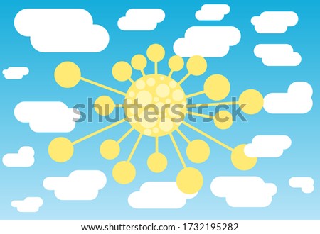 Concept of world changes 2020. Sky and clouds background with covid-19 molecule instead of the sun.