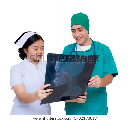 Asian man doctor and woman nurse with discuss about film x-ray r