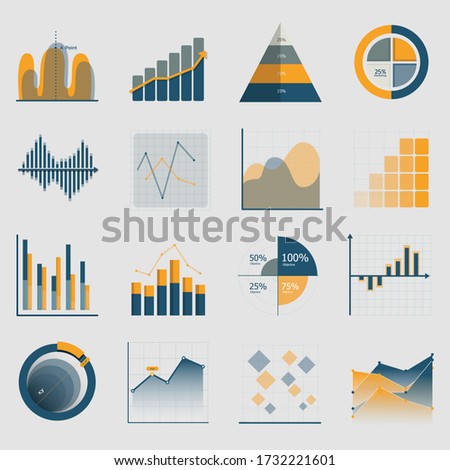 Business data elements, Report, dot bar pie charts diagrams and graphs flat icons set isolated vector illustration.