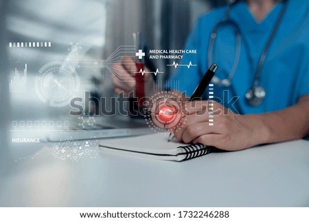 Double exposure of healthcare And Medicine concept. Doctor and modern digital technology virtual screen interface.