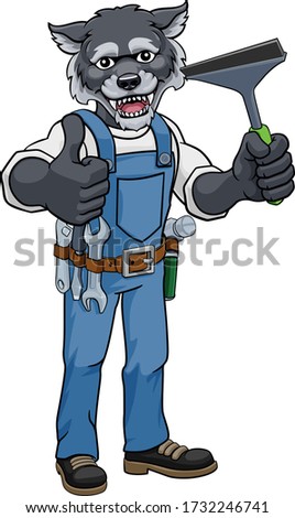 A wolf cartoon mascot car or window cleaner holding a squeegee tool and giving a thumbs up