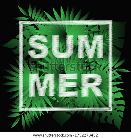 Banner summer with frame, green leaves of palm trees on a black background. Design template for print  for banner, flyer, invitation, poster, website or greeting card.Vector illustration.