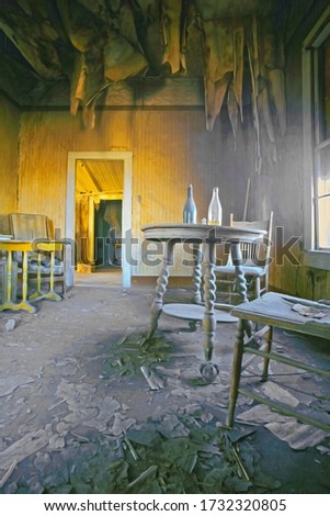 Ghost Town - Last Drink - A ghost town building interior image with wallpaper hanging from ceiling, table with several upright bottles & misc debris