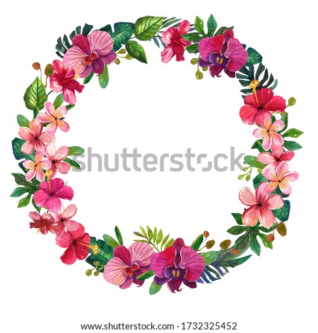 Watercolor Tropical flowers wreath Clip Art,Tropic Palm Leaf,Plumeria,orchid,Hawaii bouquets,Border,wedding stationary, greetings,wallpapers, fashion,template,postcards.Isolated on white backgrounds