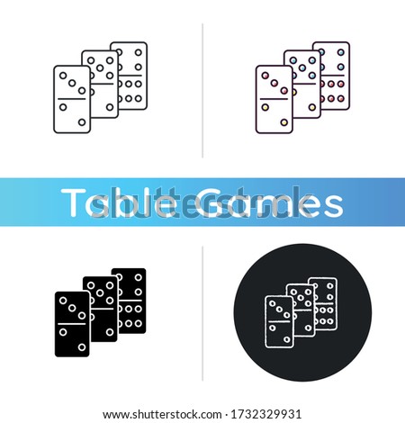 Dominoes icon. Traditional tabletop game, gambling activity. Linear black and RGB color styles. Recreational activity, competitive game of chance. Domino pieces isolated vector illustrations
