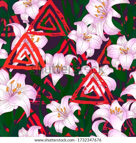 Seamless pattern with beautiful garden flowers - pink lilies and abstract background. Repetition texture with botanic objects for wrapping paper, web background or textile design. Vector illustration