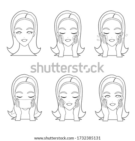 Step how to apply mask or clean cosmetic. Illustrations set. Skin care icon . Woman face linear sign on white background.beauty treatment skincare. Hand drawn cutout clip art.