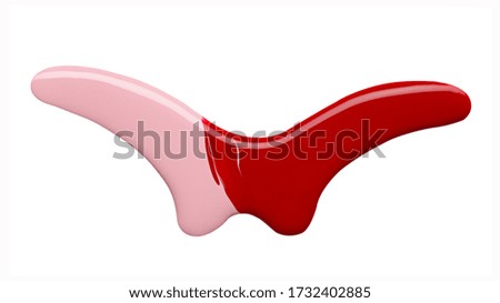 Blot of pink red nail polish shaped seagull isolated on white background. Macro photo. Top view