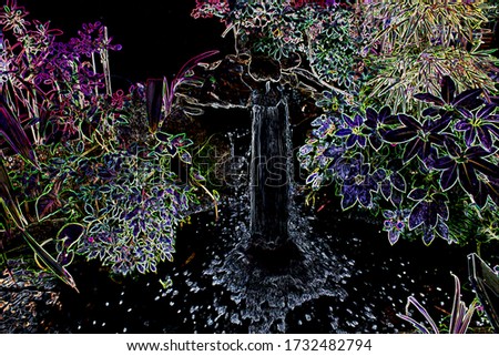 Garden illustration with small waterfall, with vibrant colors. Colored stroke and black background. Color explosion.