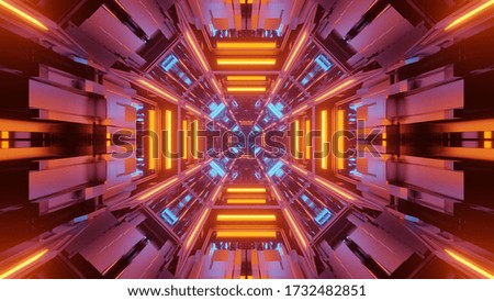 A high angle shot of the geometrical and symmetrical orange and purple neon light
