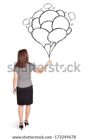 Happy young woman dolding balloons drawing
