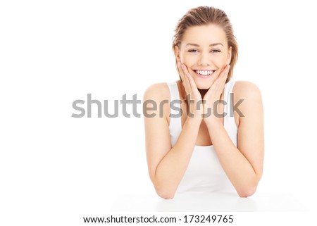 A picture of a happy woman cheering over white background