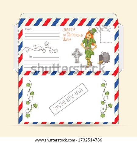 design of a ready to print layout of a mail envelope for greetings, for the date of St. Patrick's day, in the style of a Doodle, a little red haired girl leprechaun dwarf dancing near a pot of coins l