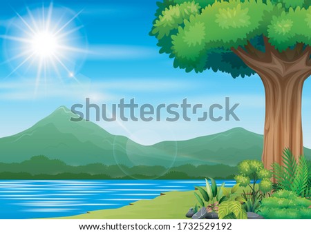 Nature landscape with a river and mountain background