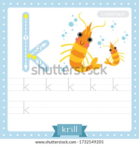Letter K lowercase cute children colorful zoo and animals ABC alphabet tracing practice worksheet of Krill for kids learning English vocabulary and handwriting vector illustration.
