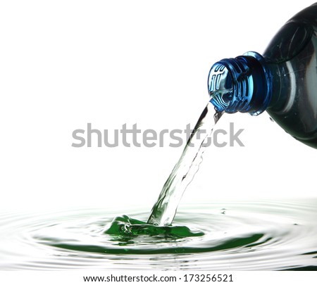 Water pouring from a bottle on a white background
