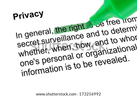 Highlighted word the right for Privacy with green pen over white paper. Isolated white background.