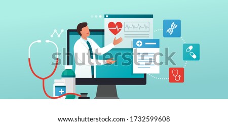 Online medical consultation and prescription medicine: professional doctor connecting and giving a consultation for a patient, telemedicine concept