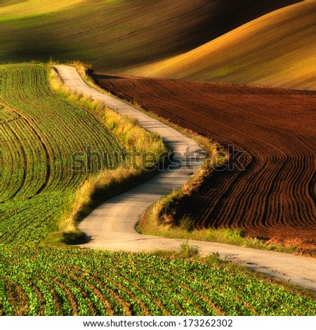 Rolling hills with fields in sunset light suitable for backgrounds or wallpapers. Southern Moravia, Czech republic