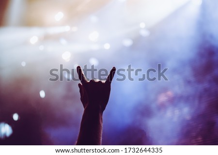 Horns raised up by a metalhead in the crowd in front of stage during the band's performance Royalty-Free Stock Photo #1732644335