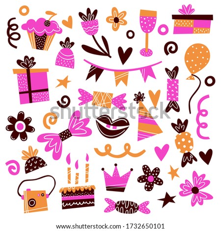 Set of elements for birthday party - Cake with candles, gift box, abstract flowers, wine glasses, cam, lips, balloon, birthday cap - Vector illustration isolated - Design for sticker, card, gift tag