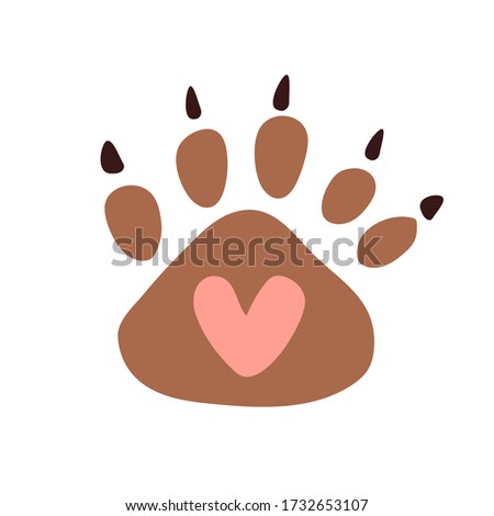 Cute big bear paw print with a heart inside and claws. Printing on cards, t-shirts, baby clothes and toys. Logo of a toy store, clothes for children, a pet store.