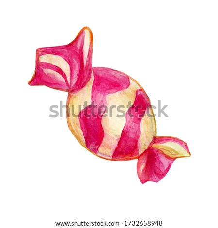 Beautiful candy in striped red and yellow wrapper isolated on white background. Watercolor handwork