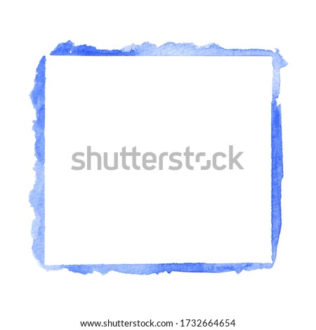 closeup of empty painted blue square watercolor frame design element isolated on white background