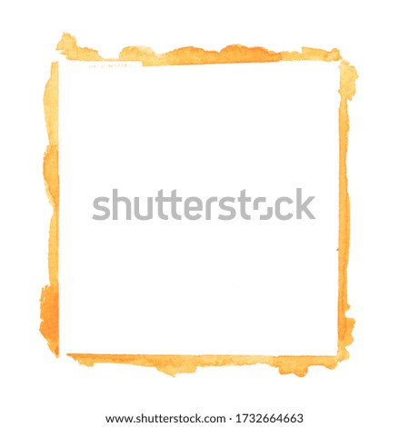 closeup of empty painted yellow square watercolor frame design element isolated on white background