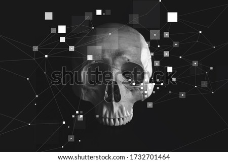 human skull without a lower jaw and a network graph, a cyberpunk concept. Black background. mystical concept, dark, apocalyptic mood