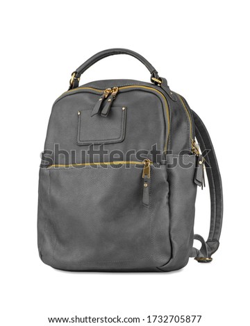 Stylish gray leather elegant women backpack. Fashionable female handbag, isolated on white background
