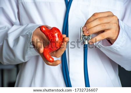 Concept photo of diagnosis in gastroenterology. Doctor hold in one hand model of human stomach, in other stethoscope and conducts diagnostic process and presence of gastric system diseases, hormone Royalty-Free Stock Photo #1732726607