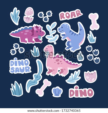 Cute dinosaurs hand drawn vector stickers. Dino flat cliparts. Sketch prehistoric animals. Jurassic reptiles doodle drawing. Scandinavian style Isolated drawings