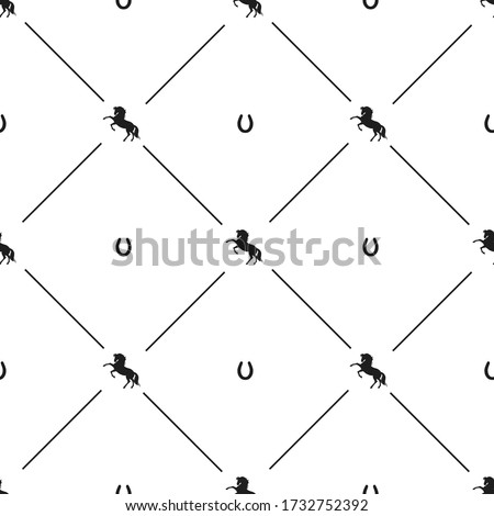 Vector black and white equine seamless pattern with rearing horse and horseshoe in geometric shapes. Royalty-Free Stock Photo #1732752392