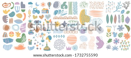 Big set of hand drawn various shapes and doodle objects. Abstract contemporary modern trendy vector illustration. Set of scribble textures and hand drawn floral elements. 