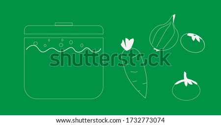 onions, tomatoes,carrots, a pot of boiling water.the theme of vegans.isolated on a green background.vector.